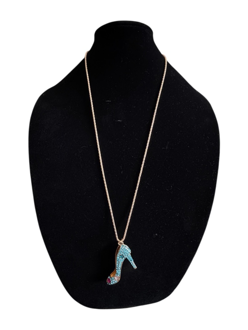 Betsey Johnson Blue Rhinestone Stiletto High-Heel Pendant Necklace NWT - Picture 4 of 9